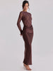 Off Shoulder Lace Satin Maxi Dress Women Elegant Long Sleeve Ruched Bodycon Mermaid Evening Club Party Formal Dress