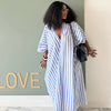 Fall Holiday Half Sleeve Striped Print V-Neck Loose Long Dress Street Africa Women Party Vestidos Dresses Vestidos