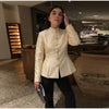 Stand-Collar Satin Frog-Button Jacket Cream Tailored Long-Sleeve Silky Spring Elegant Retro Women Outerwear Blazer