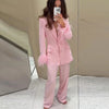 Woman Pink Feather Pant Sets Women's Two Pieces Set Long Sleeve Suit Outfit Office Wear Woman High Waist Trousers Sets