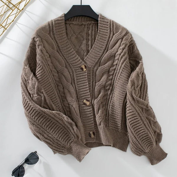 Simple Elegant Office Coat V Neck Twist Cardigan Short Sweater Loose Women Korean Style Retro Jackets Autumn Winter Clothing