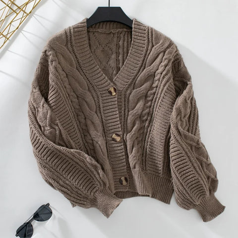 Simple Elegant Office Coat V Neck Twist Cardigan Short Sweater Loose Women Korean Style Retro Jackets Autumn Winter Clothing