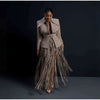 Women Two-Piece Set Turn‑Down Collar Long Sleeve Cinched Waist Blazer Maxi Fringe Slit Skirts Elegant Chic Outfits