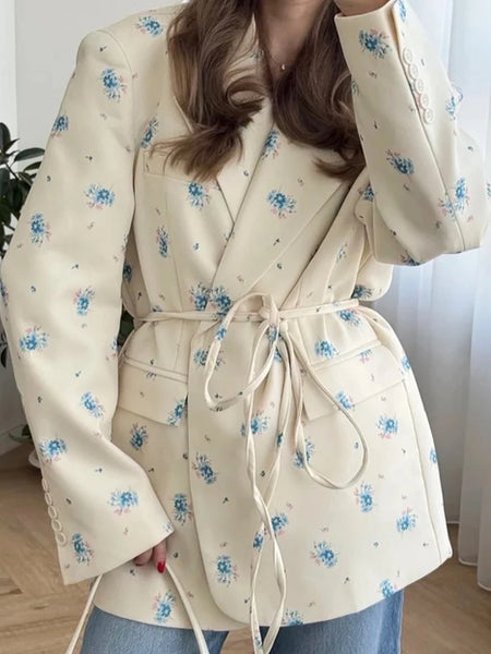Elegant Flower Printed Loose Suit Collar Coat Belted Waist Shoulder Pad Long Sleeve One Button Blazers Lady Street Chic Top