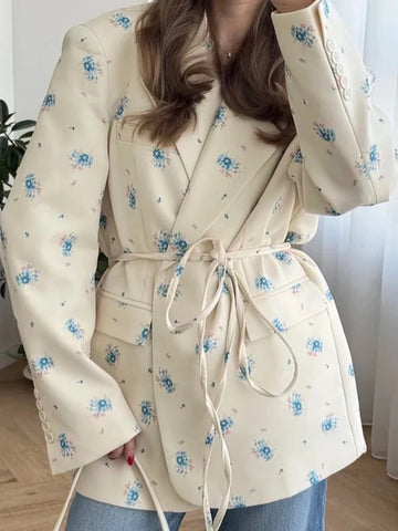 Elegant Flower Printed Loose Suit Collar Coat Belted Waist Shoulder Pad Long Sleeve One Button Blazers Lady Street Chic Top