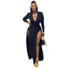 Plus Size Women Full Sleeve Evening Dresses Classic V-neck Maxi Vestidos Night Club Split Party Long Dress