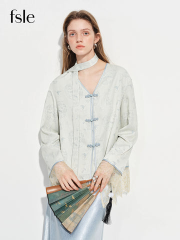 Modern Chinese-inspired Women's Blazer with Button Closure Sash VNeck Patchwork Lace Trim Outerwear Spring
