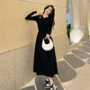 Long Sleeve O-neck A-line Dress Streetwear Vestidos Lady Korean Style Hollow Out Black Long Dresses Women