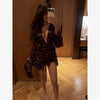 Flora Painted Ruffle Mini Dress Women Elegant Full Sleeve Deep V-neck Slim A-line Dresses Lady Holiday Street Outwears