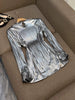 Women's Sexy Glitter Flare Long Sleeve Belted Pleated Mini Party Dress