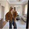 Brown Retro Suede Lapel Zippered Short Jackets Women's Casual Full Sleeves Pocket Loose Coats Spring Daily Commute Outwear