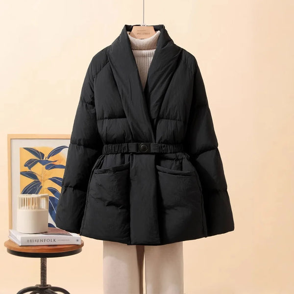 Temperament Cotton Coat Women Winter Warm Solid Color V-neck Gathered Waist Jacket Coats Parkas with Belt