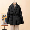 Temperament Cotton Coat Women Winter Warm Solid Color V-neck Gathered Waist Jacket Coats Parkas with Belt