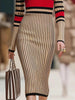 Krisstargirl Skinny Contrast Color Woman Bodycon Dress Autumn Winter Striped High Neck Midi Knitting Elegant Ladies Dresses