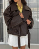 Casual Black Leather Lace Up Short Jacket Women Long Sleeve Zipper Lapel Loose Button Coat Lady Daily High Street Outerwear