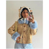 Deer Print Faux Fur Cropped Jacket Women Blue Contrast Lapel Cuff Button Up Fluffy Warm Coat Winter Casual Street Outwear