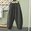 Women's Warm Pants Autumn Winter Vertical line pressed Solid Cotton padded Elastic waist band Buckle Casual Carrot trousers