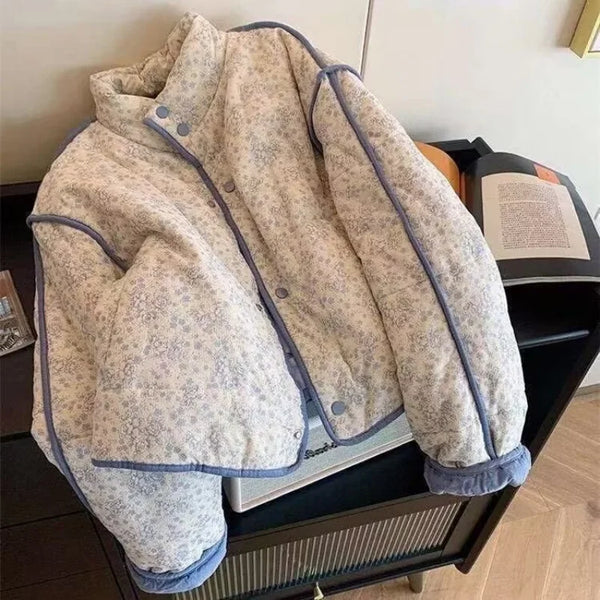Korean Stand Collar Floral Cotton Jacket Women's Autumn Winter Warm Short Cotton Quilted Outerwear Sweet Design Blue Tops