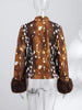 Leopard Patchwork Faux Fur Cuff Coats Women Round Neck Long Sleeve Single Breasted Slim Jacket Chic Ladies Outerwears