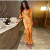 Elegant Ruffle Women's Long Dresses V Neck Half Sleeve Button Waist Cinching Pleated Dress Spring Lady Party Robes