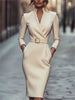 Elegant Party Prom Dress For Woman Spring Autumn V-neck High Waist Long Sleeves Mid-length Dresses Ladies Solid Vestidos