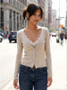 Women Elegant Solid Lace V Neck Cardigan Coat Long Sleeve Cropped Knit Sweater Tops Spring Y2K High Street Chic Coats