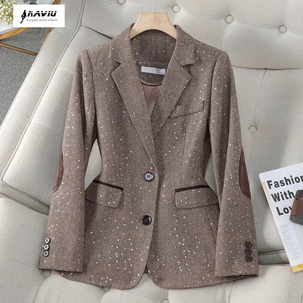 Coffee Blazer Women Spring Autumn High End Design Casual Slim Jacket Office Lady Work Coat Tops Gray