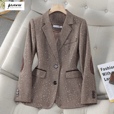 Coffee Blazer Women Spring Autumn High End Design Casual Slim Jacket Office Lady Work Coat Tops Gray