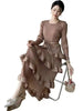 Long Pleated Dress Women Round Neck Solid Color Ruffles Cake Belt Dresses Multi-layer Female Elegant Clothing 2R6863