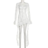 Mesh Patchwork Long Dresses Women Autumn Square Collar Flared Sleeve Ruffle Ribbon Street Sexy