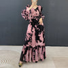 Abstract Print Ruched Womens' Pleated Dress Ruffle Sleeve Pleated Chiffon Long Dresses Party Outfit 2DB7460