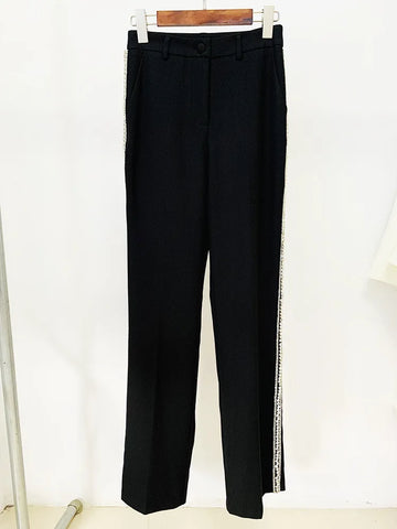 High Street Designer Trousers Women's Diamonds Crystal Beaded Straight Long Pants