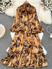 Spring Autumn Women's Long Sleeved Dress Temperament Loose Large Size Lace Up Printed Long Dress Female C329