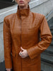 Brown Croc Embossed Faux Leather Long Trench Coat Lapel Single Breasted Straight Long Front Pockets Women Vintage Autumn Winter