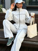 Women Black Track Suit Jacket Two Piece Suit Zip Up Cinch Waist Coat Wide Leg Pants Lady Autumn Street Matching Set
