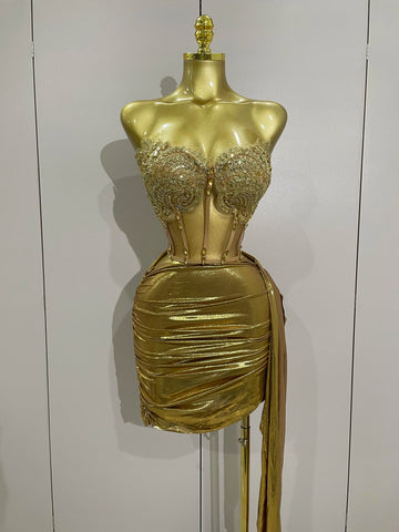 Sparkly Gold Sexy Top Two Pieces Short Skirt Set Women Celebrate Birthday Dress Party NightClub Dancer Show Stage Outfit