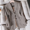 Coffee Plaid Blazer Women Tempeament Wool Long Sleeve Slim Jacket Office Ladies Work Coat Gray Tops