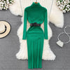Elegant Turtleneck Long Sleeve Knit Soft Tight Pencil Dress with Belt Slim Warm Sweater Vestido Sexy Women Winter Robe