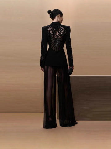 Designer Suit Set Women's Gauze Patchwork Beaded Blazer Chiffon Pants 2cs Set