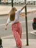 Vintage Contrast Striped Coat Pants Suit Women Chic Zipper Elastic Waist Button Lantern Trouser Suit Autumn Daily Street Outfit