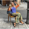 Printed Curved Wide Leg Denim Jeans High Waist Seam Detail Casual Women All-match Long Pants Autumn Chic Outfits