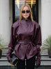 Lady Retro Burgundy Belted Leather Jacket Solid Stand Collar Long-sleeved Cropped Coat Women Daily Street Outerwear