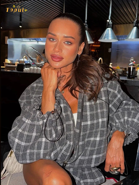 Women Casual Plaid Shorts Set Lapel Long-sleeved Zipper Jacket Short Pants Suit Lady Spring Daily Loose Outfits