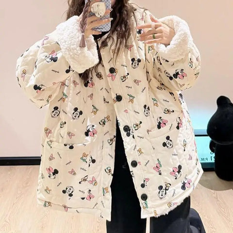 Women's Warm Double-Sided Sherpa Jacket Cartoon Winter Loose Versatile Student Kawaii Thickened Cotton Jacket Down Jacket