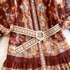 Retro Court Printed Lapel Lantern Sleeve Cinched Waist Single Breasted Dress Women's Long Sleeved Elegant Long Dress A299