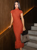 Elegant Women High Neck Cap Sleeve Midi Dress Glitter Fringe Hem Bodycon Pencil Dress Wedding Guest Cocktail Evening Gowns