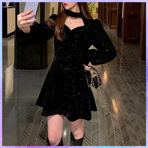 Red Velvet Elegant Party Women's Mini Dresses Christmas Wram French Vintage Dress Ladies Casual Korean Vestidos Year