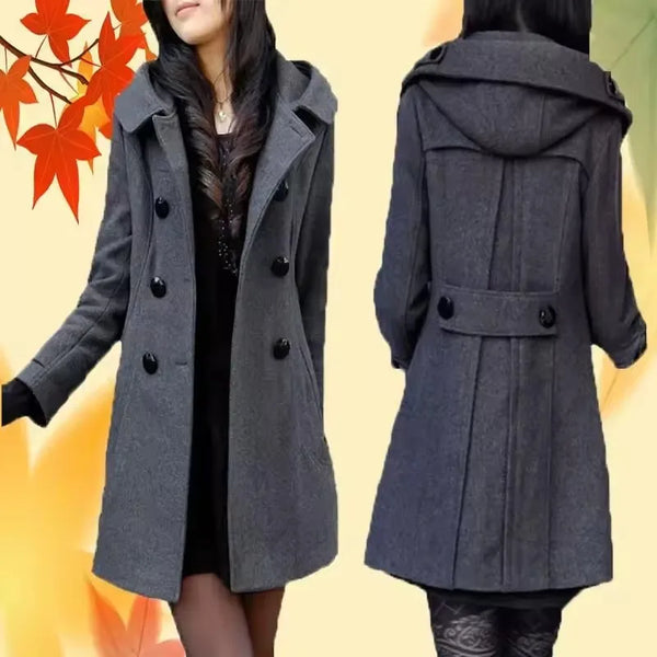 Winter Warm Mid-length Woolen Coat Women's Fall & Winter Long Sleeve Cotton Jacket with Hood Double-breasted Outerwear