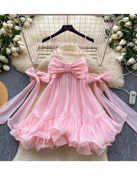 French Sweet Bow Camisole Mini Dress for Women Korean Version Pink Ruffle Edge Sexy A-line Dress T106