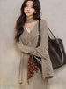 Elegant French V-Neck Knit Dress Women Long Sleeve Elastic Maxi Dress Asymmetrical Design Belted Long Dress for Autumn Winter